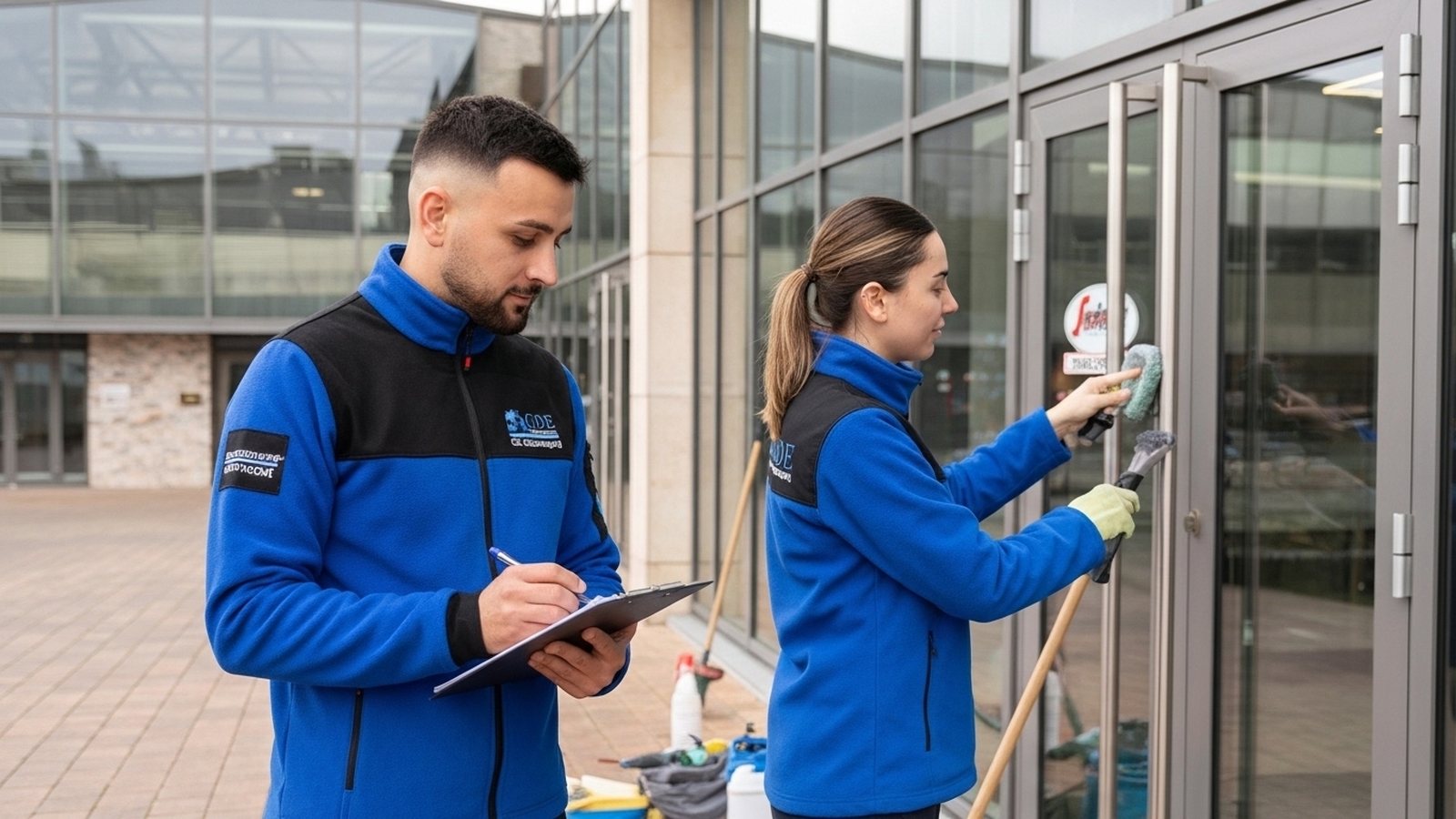 Zwei Mitarbeitende von GDE reinigen die Glastür eines Geschäftsgebäudes
