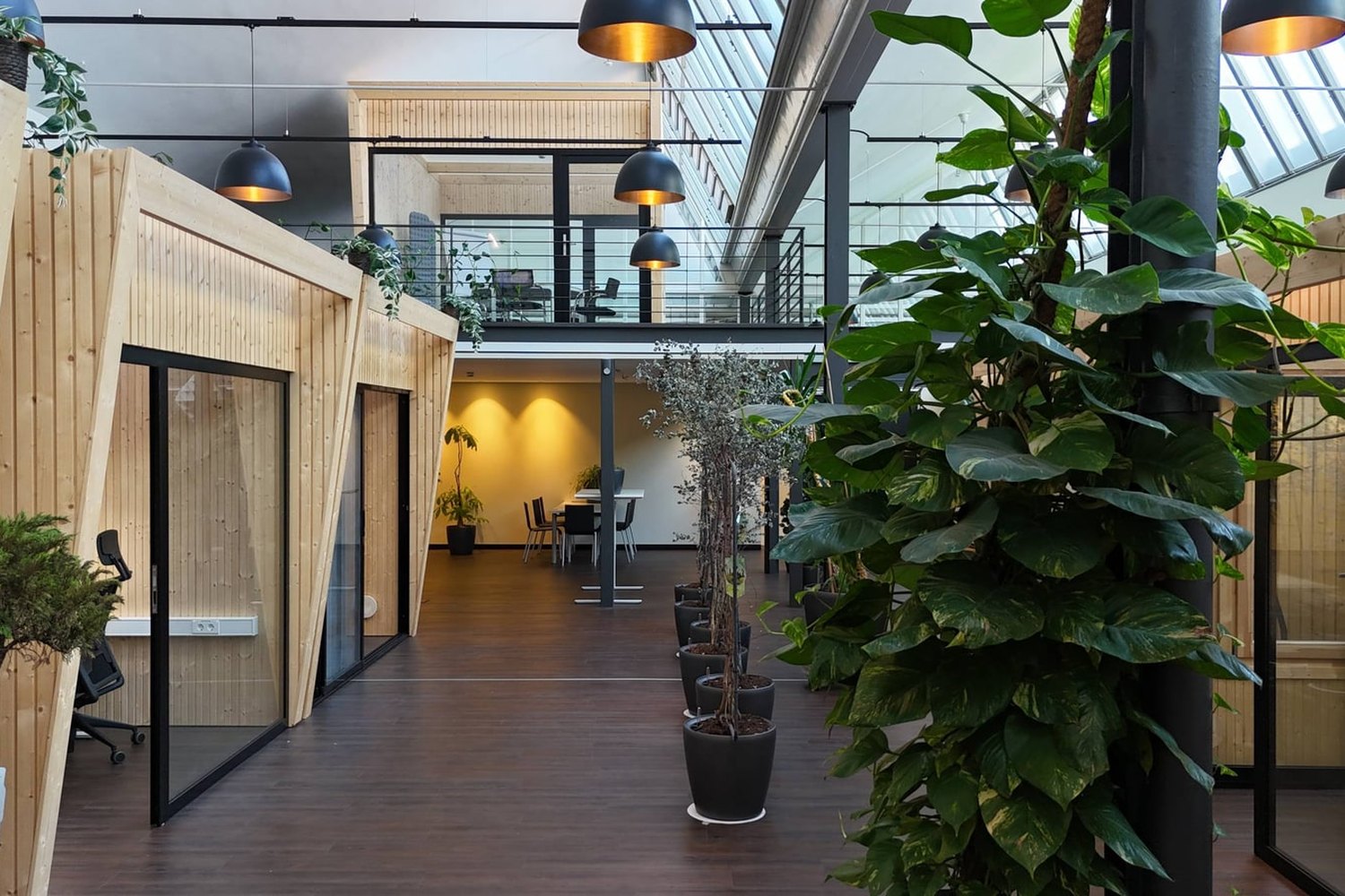 Blick durch das Green Office im bizzcenter: Bürowürfel aus hellem Holz, dunkler Holzboden, große Pflanzen und eine Empore unter dem Glasdach