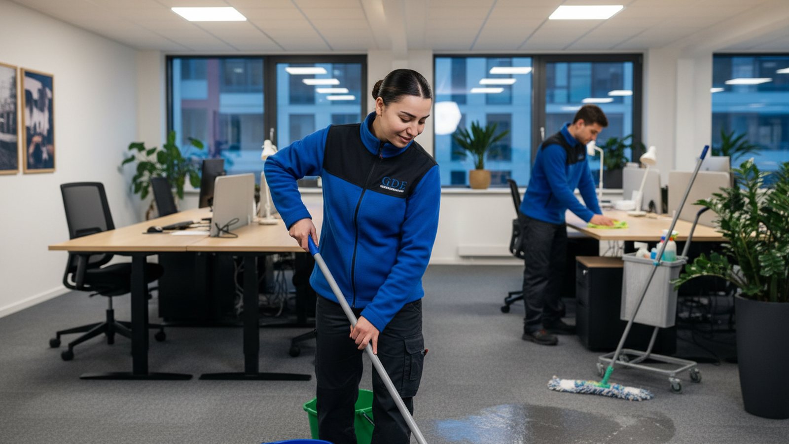 Zwei Mitarbeitende von GDE reinigen ein Büro